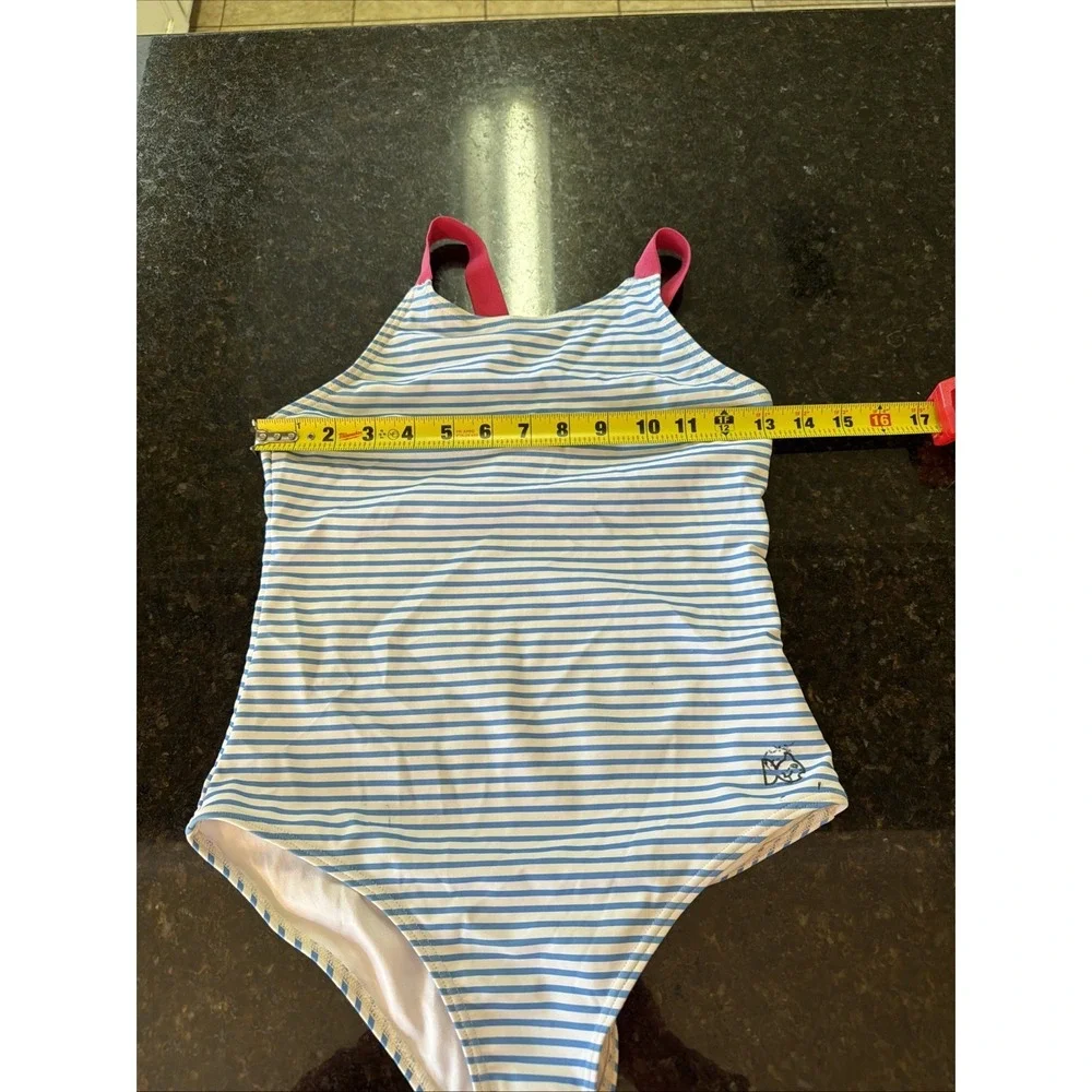 Prodoh Girls One Piece Swimsuit Sz 12 Blue White Stripe Bathing Suit Beach Swim